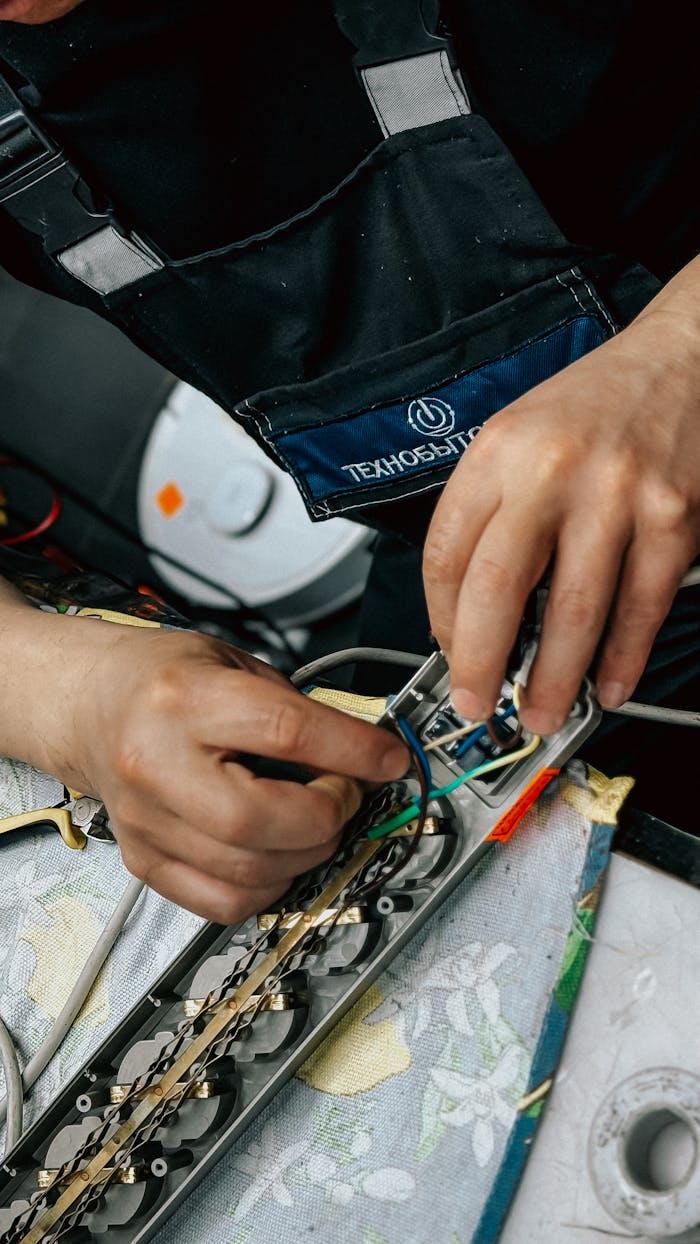 Close-up of a technician's hands working on electronic equipment wiring indoors.